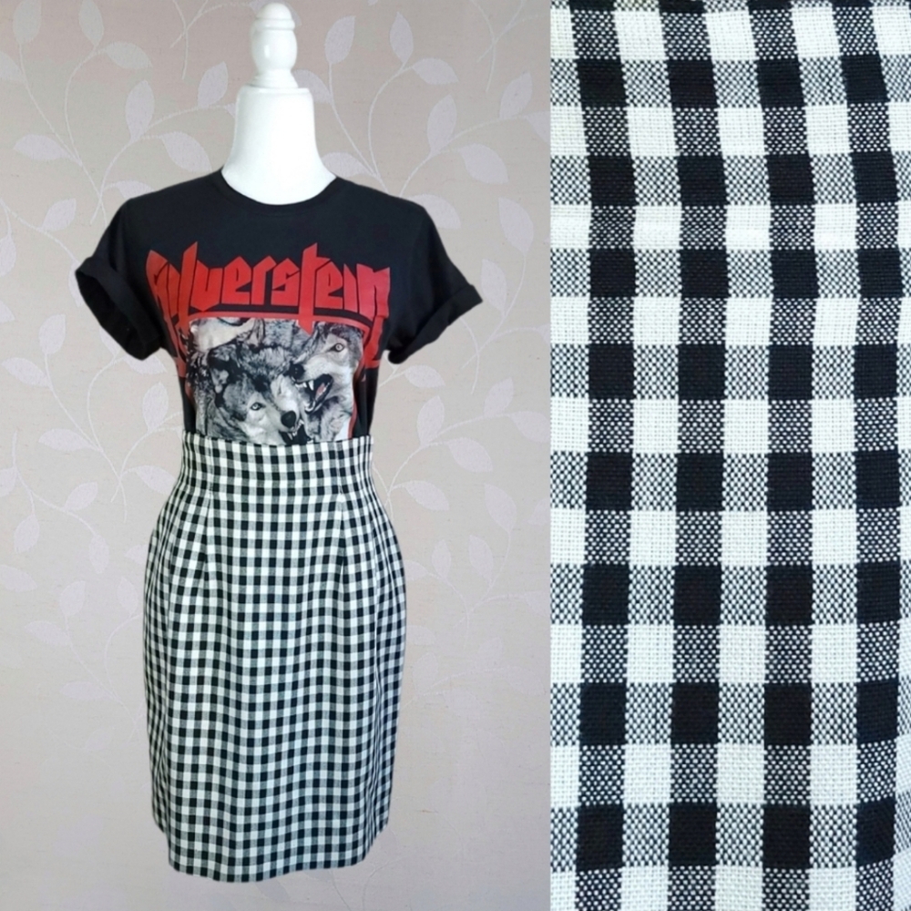Vintage Pencil Skirt Woven Gingham Plaid Black White Casual Corner 6